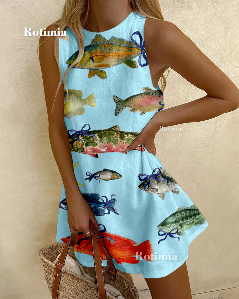 Fish Bow-Print Sleeveless Dress
