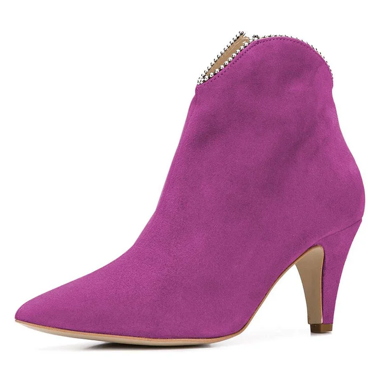 Purple Vegan Suede Zipper Pointy Toe Cone Heel Ankle Boots |FSJ Shoes