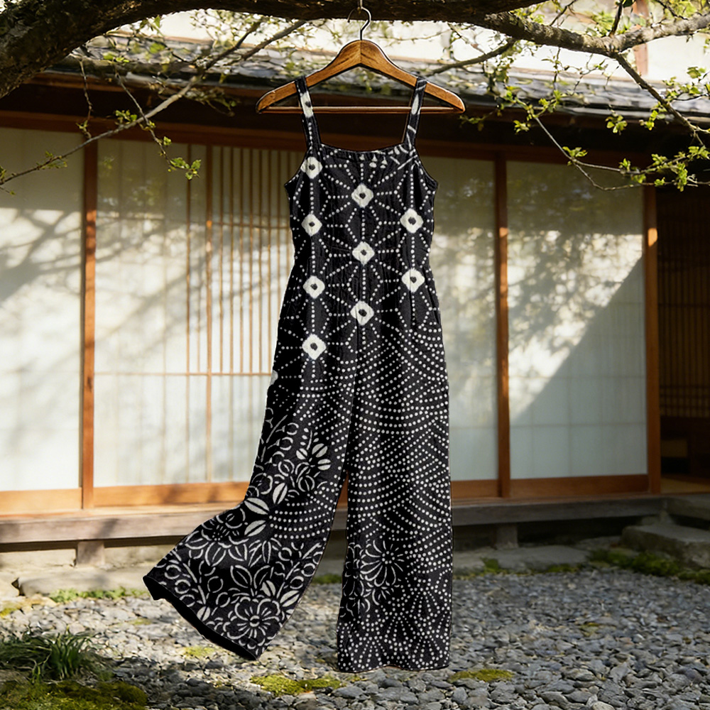 Japanese Traditional Sashiko Art Flowy Linen Jumpsuit wearshes