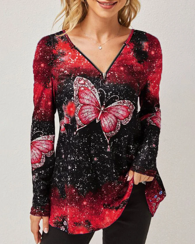 V Neck Zipper Butterfly Print Long Sleeve Oversized Top