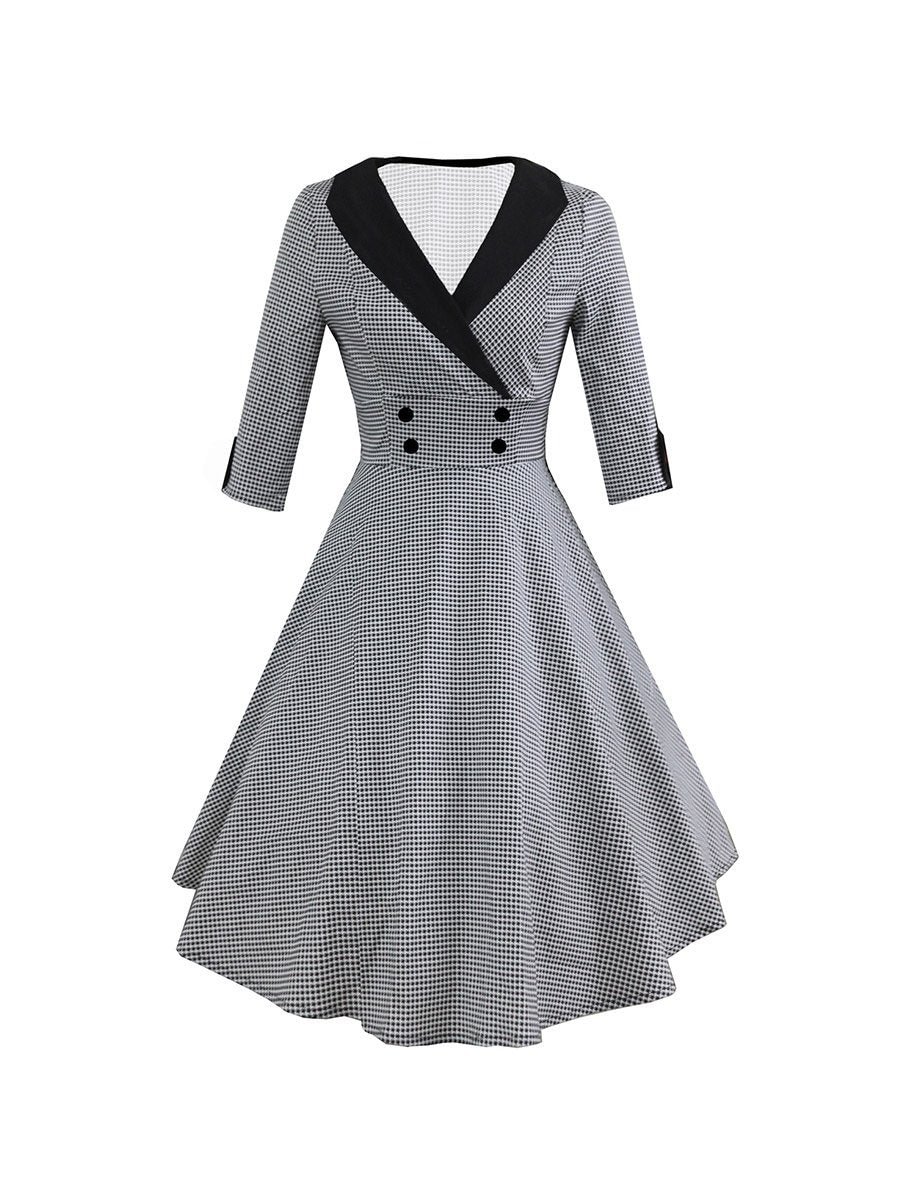 Retro Dress Lapel Seven-point Sleeves Houndstooth Swing Dress