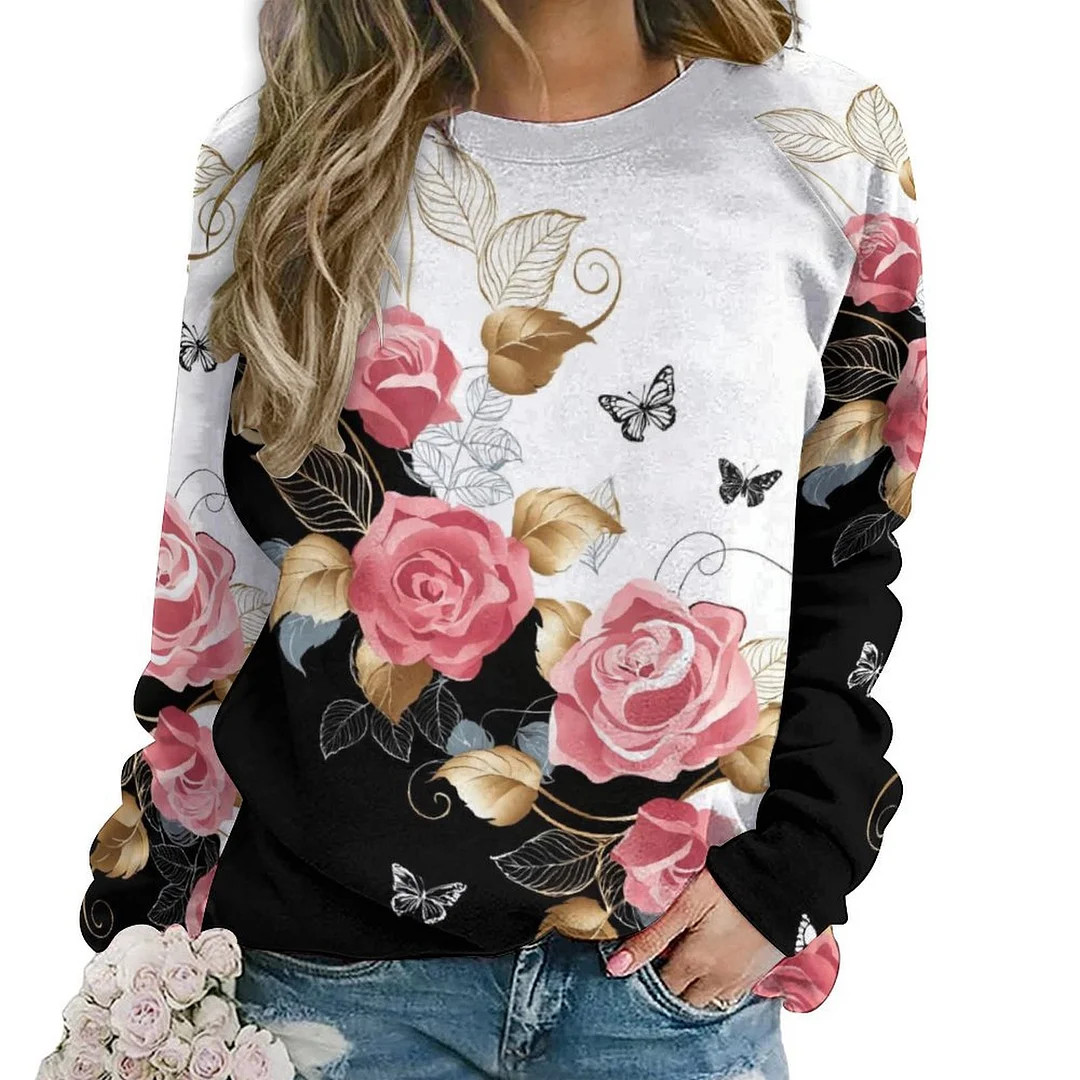 Printed Long Sleeve Casual Sweatshirt for  Women and Men Unisex Pattern Floral, Black, Red