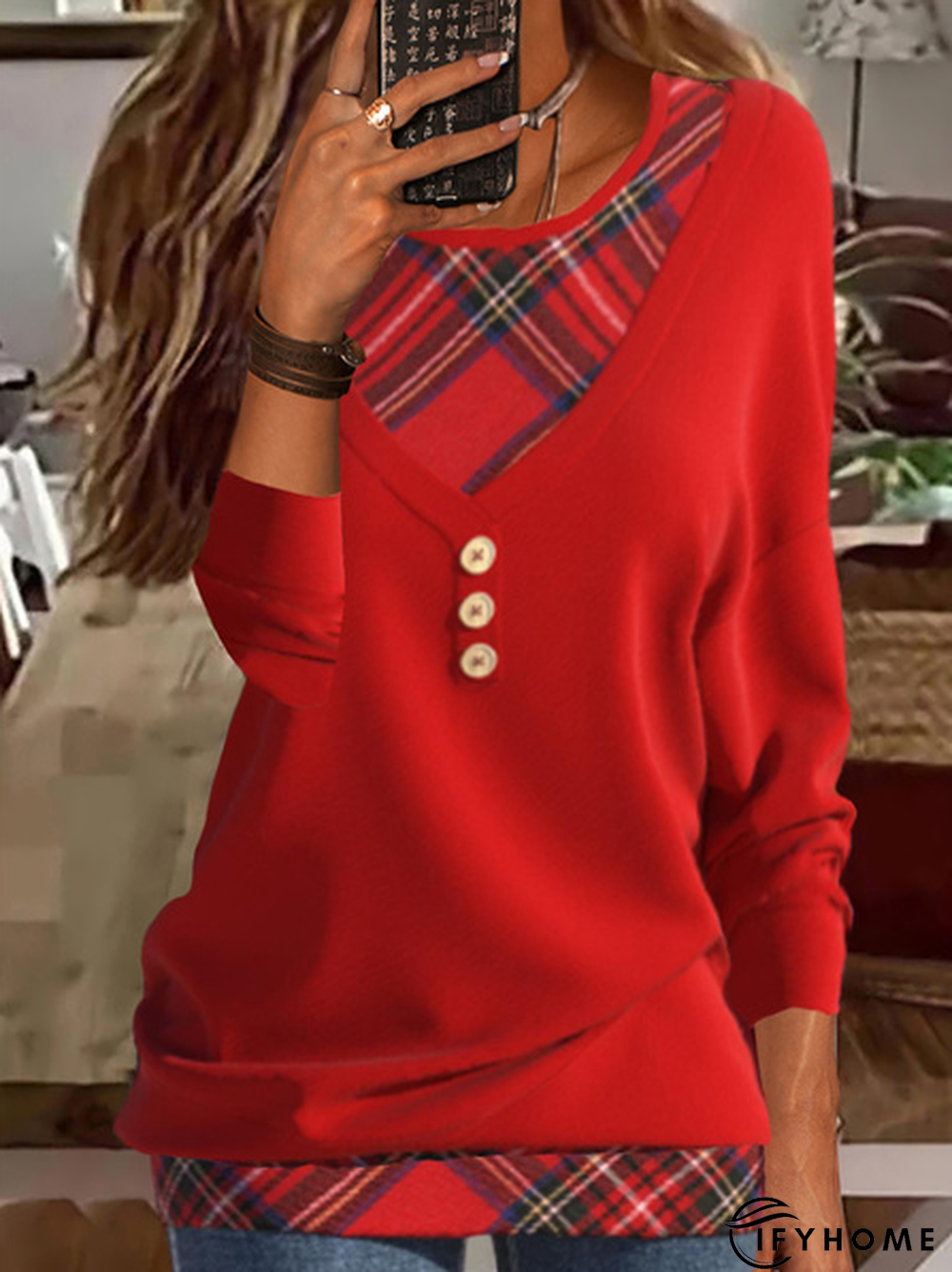 Casual Long sleeve Crew Neck Jersey Plaid Sweatshirt | IFYHOME