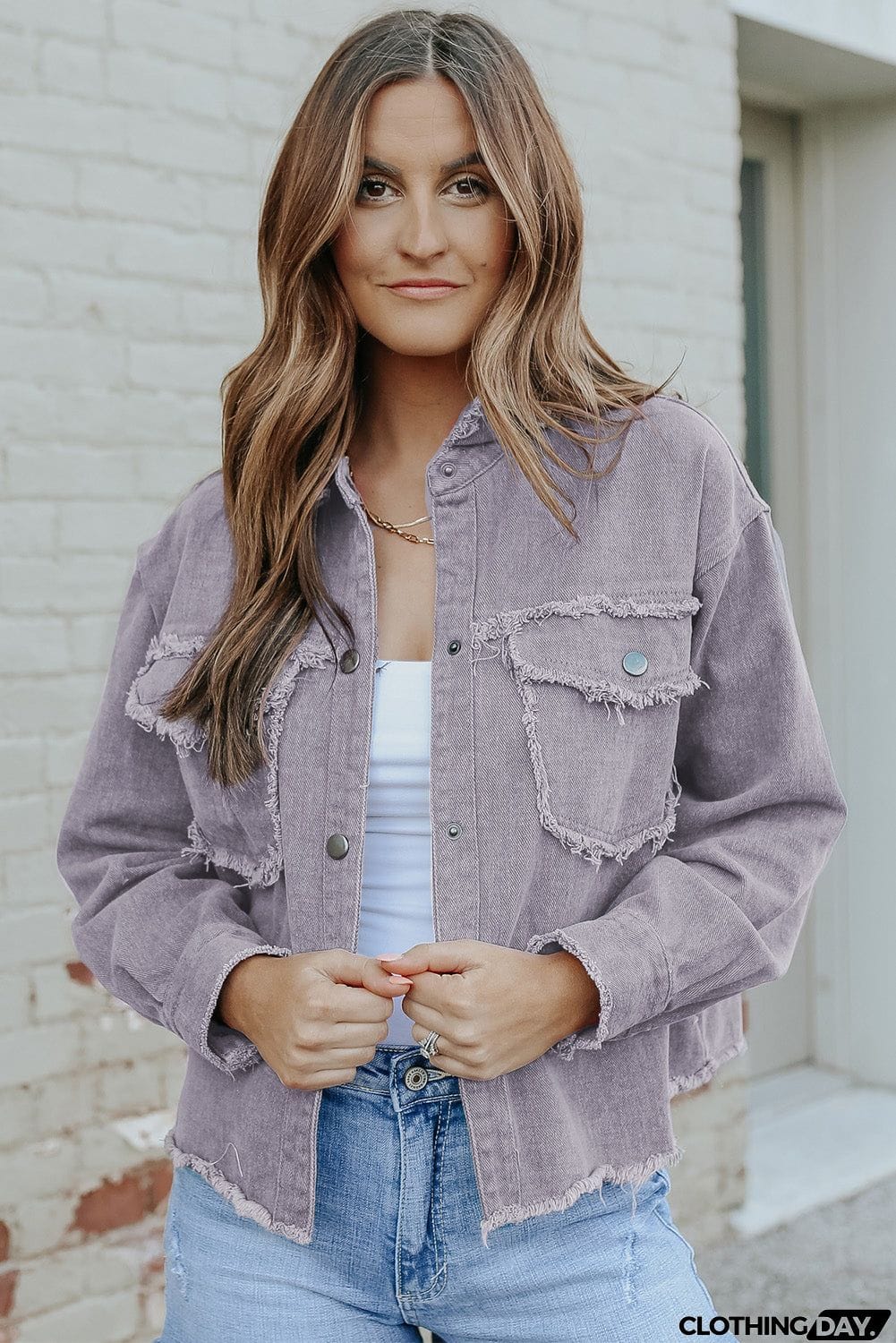 Distressed Flap Pockets Frayed Hemline Denim Jacket