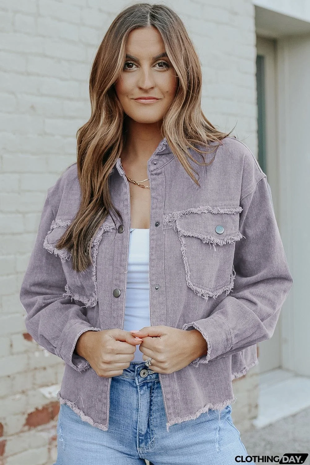 Distressed Flap Pockets Frayed Hemline Denim Jacket