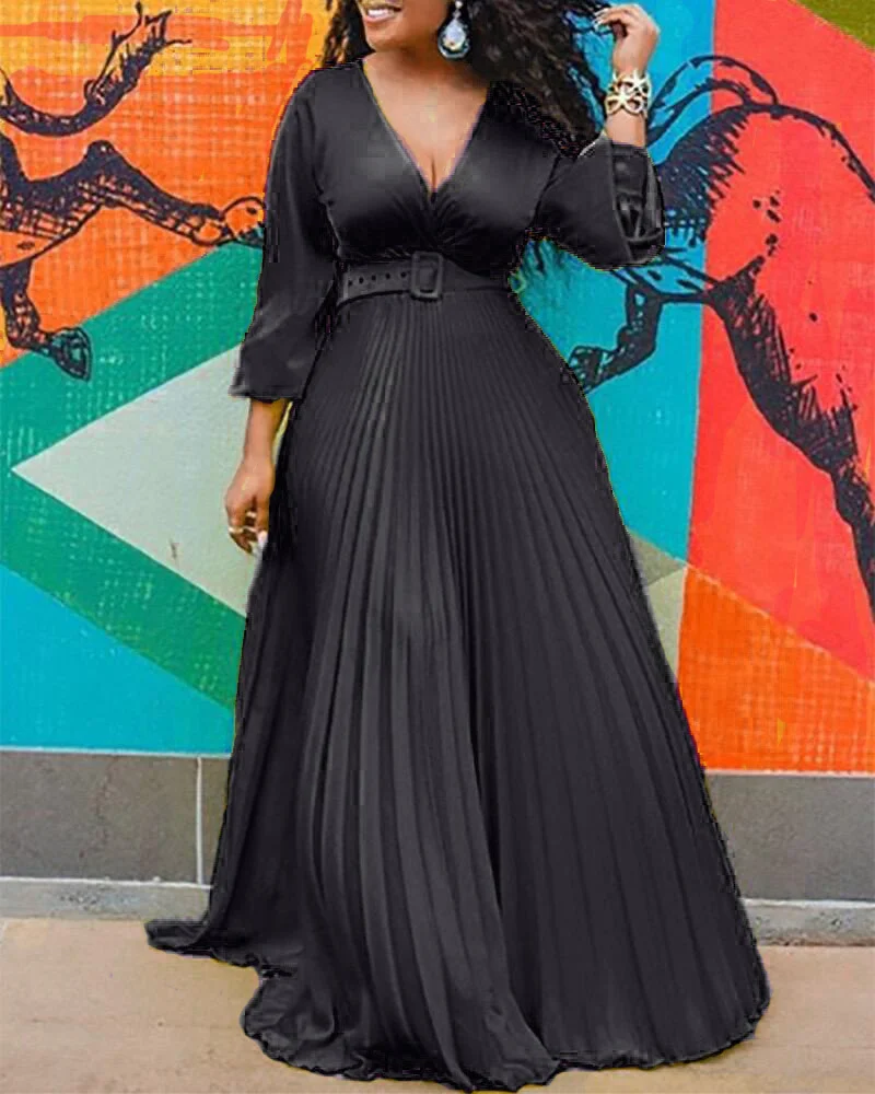 Uveng Uveng High-Rise Thin Solid Color Temperament Vintage Chiffon Long Sleeve Dress Dress (Girt)