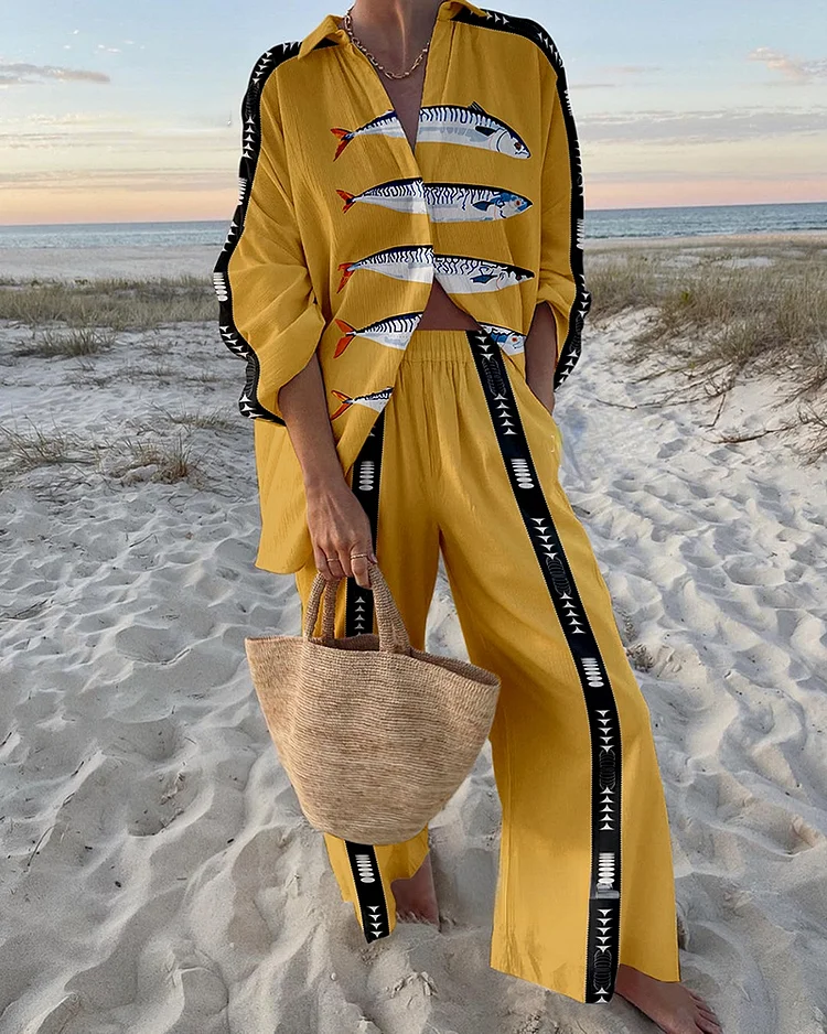 Retro fish pattern print two piece set