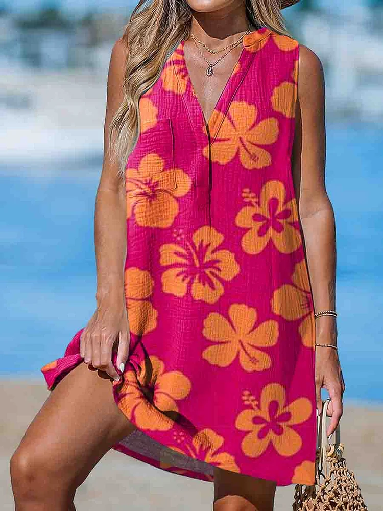 Ladies V-neck Printed Casual Cotton and Linen Sleeveless Beach Dress