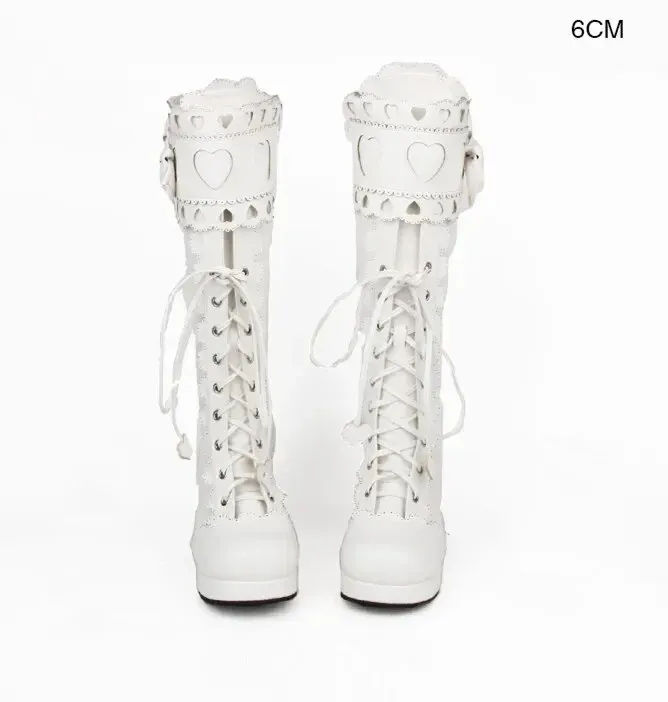 VCshoes Women Punk Motorcycle Boots Lady Lolita Boots Woman Princess High Heels Pumps Love Heart Bowtie