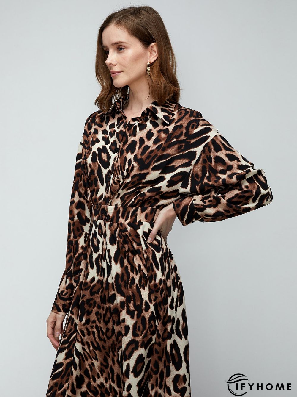 Daily Long sleeve Shirt Collar Urban Leopard Dress | IFYHOME