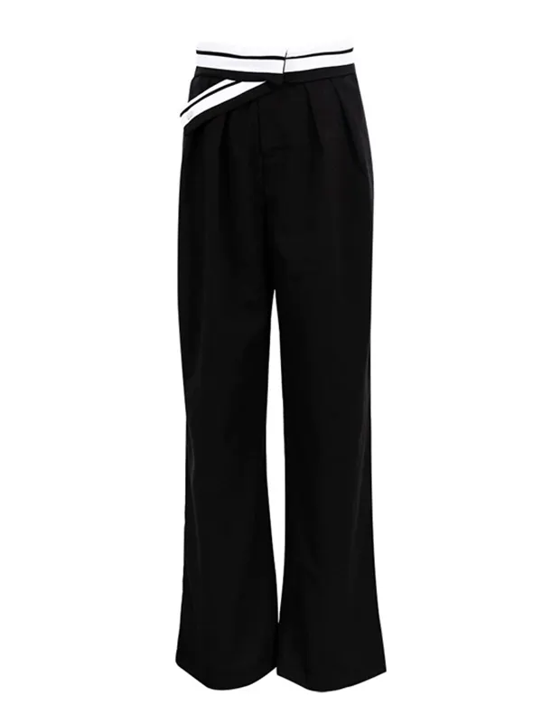 High Waist Straight Wide Leg Striped Design Knit Pants in Grey