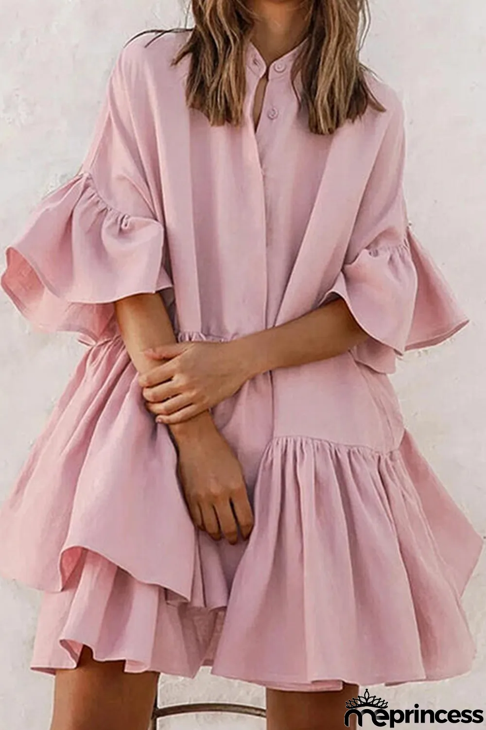 White Casual Solid Flounce Mandarin Collar Cake Skirt Dresses