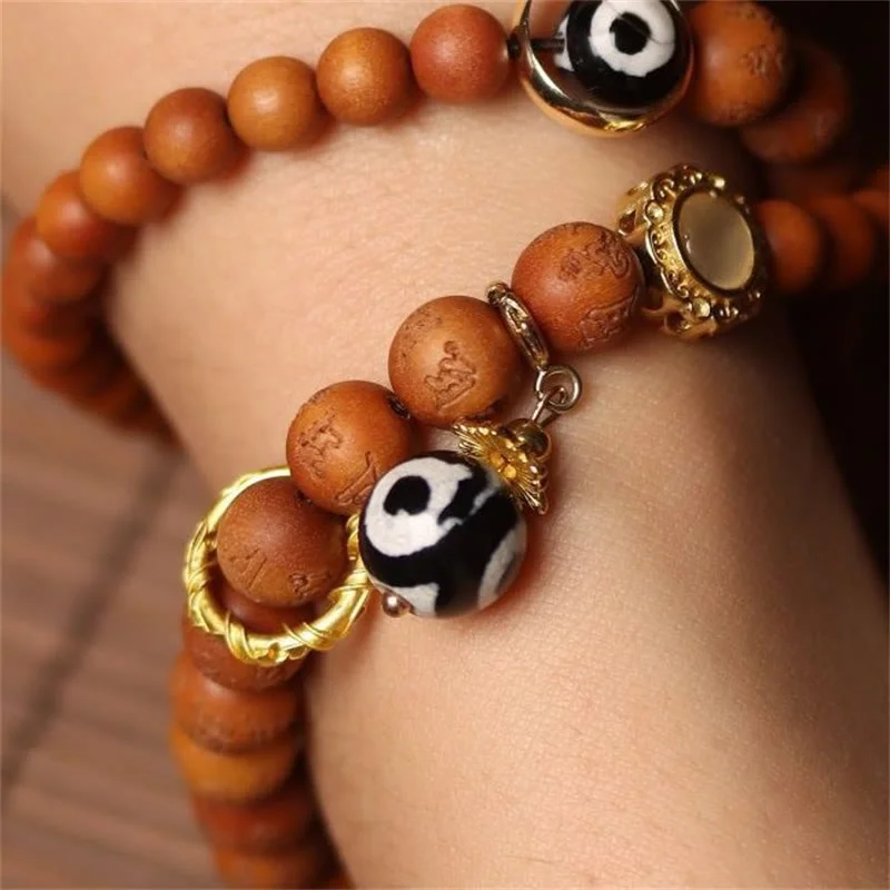 Tibetan Sandalwood Om Mani Padme Hum Dzi Bead Double Wrap Bracelet