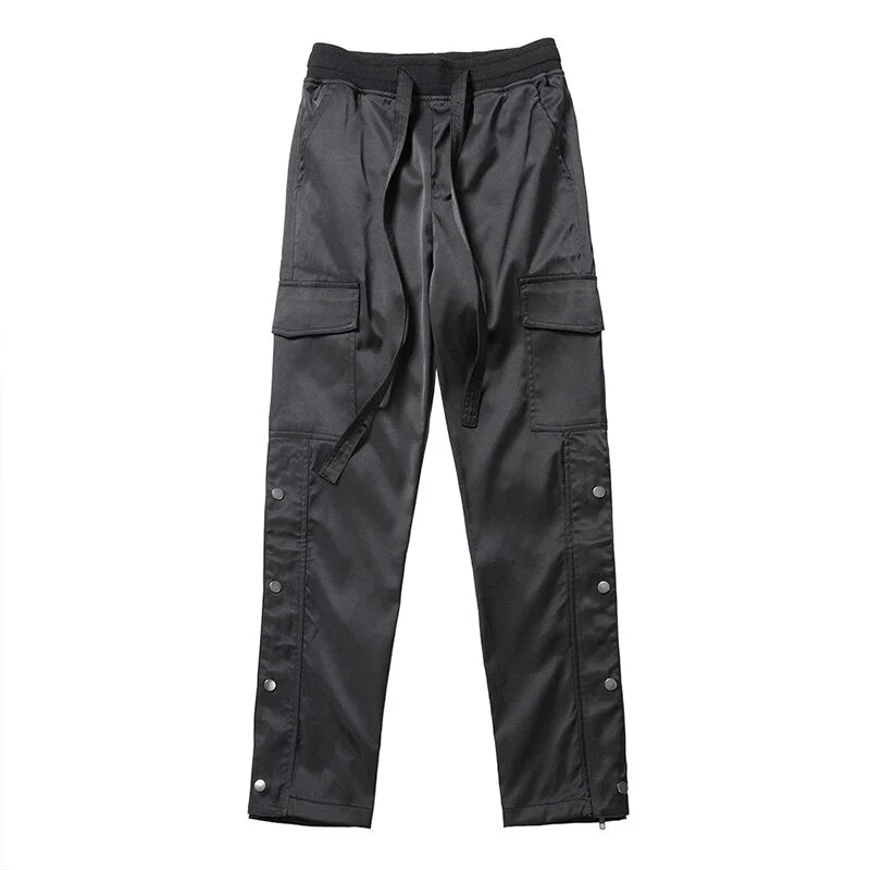Ribbons Streetwear Side Button Casual Trousers Mens Oversize Elastic Loose Pockets Cargo Pants Hip Hop Baggy Jogger Track Pants