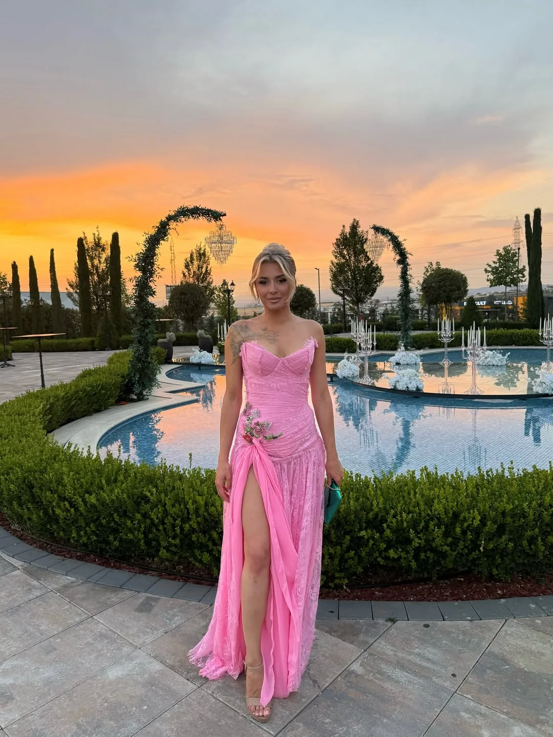 Sweet Pleated Straight Across Sleeveless Lace Split Prom Dress YK0254