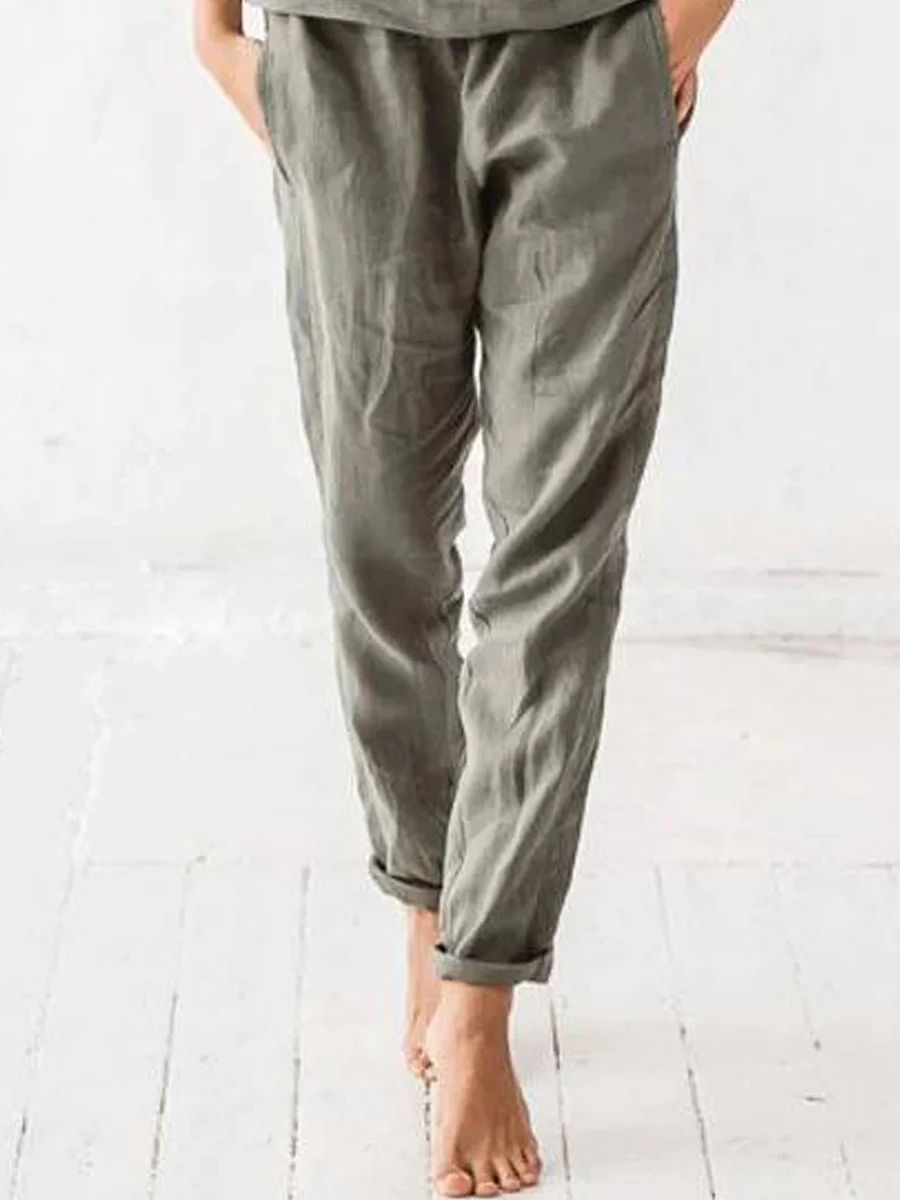 Elastic Waist Solid Color Cotton Linen Casual Women's Pants