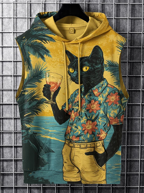 Men's Black Cat Vacation Print Workout Hooded Tank Top