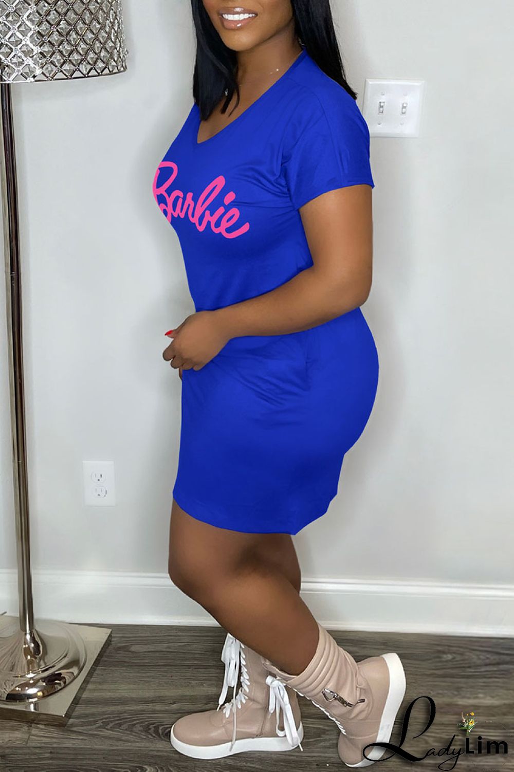 Pink Casual Print Patchwork V Neck Straight Dresses