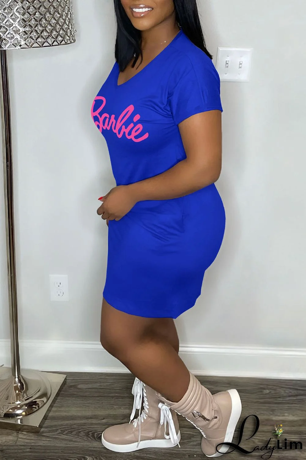 Pink Casual Print Patchwork V Neck Straight Dresses