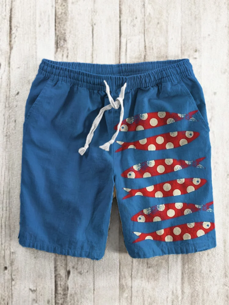 Men's Fish Polka Dot Art Print Linen Blend Shorts