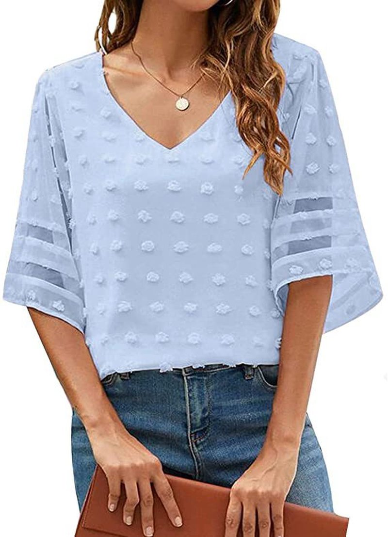Patchwork Solid Chiffon New V-Neck Half Sleeve Loose T-shirts