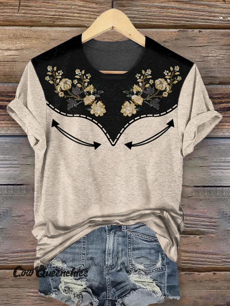 Western Art Print Round Neck Short Sleeves T-shirt Multicolor / S