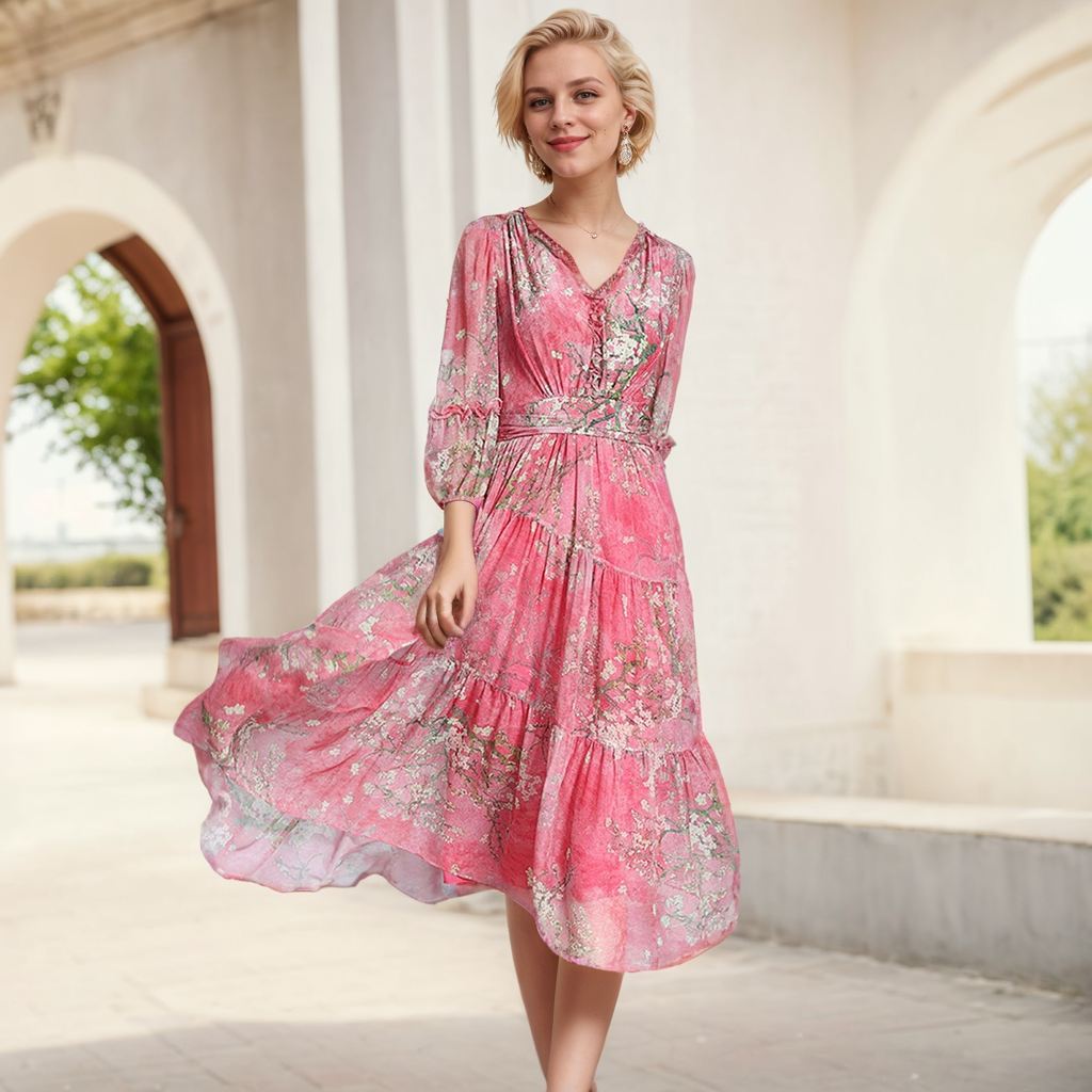 Pink Silk Floral Dress High Waist Summer Style REAL SILK LIFE