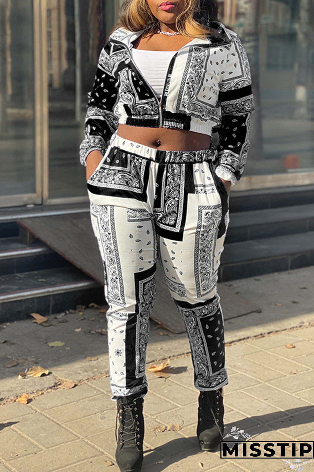 Black Casual Print Patchwork Turndown Collar Long Sleeve Two Pieces