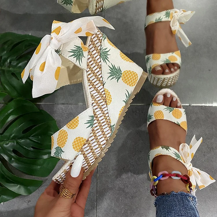 Women‘s Fashion Pineapple Print Holiday Style Wedge Sandals