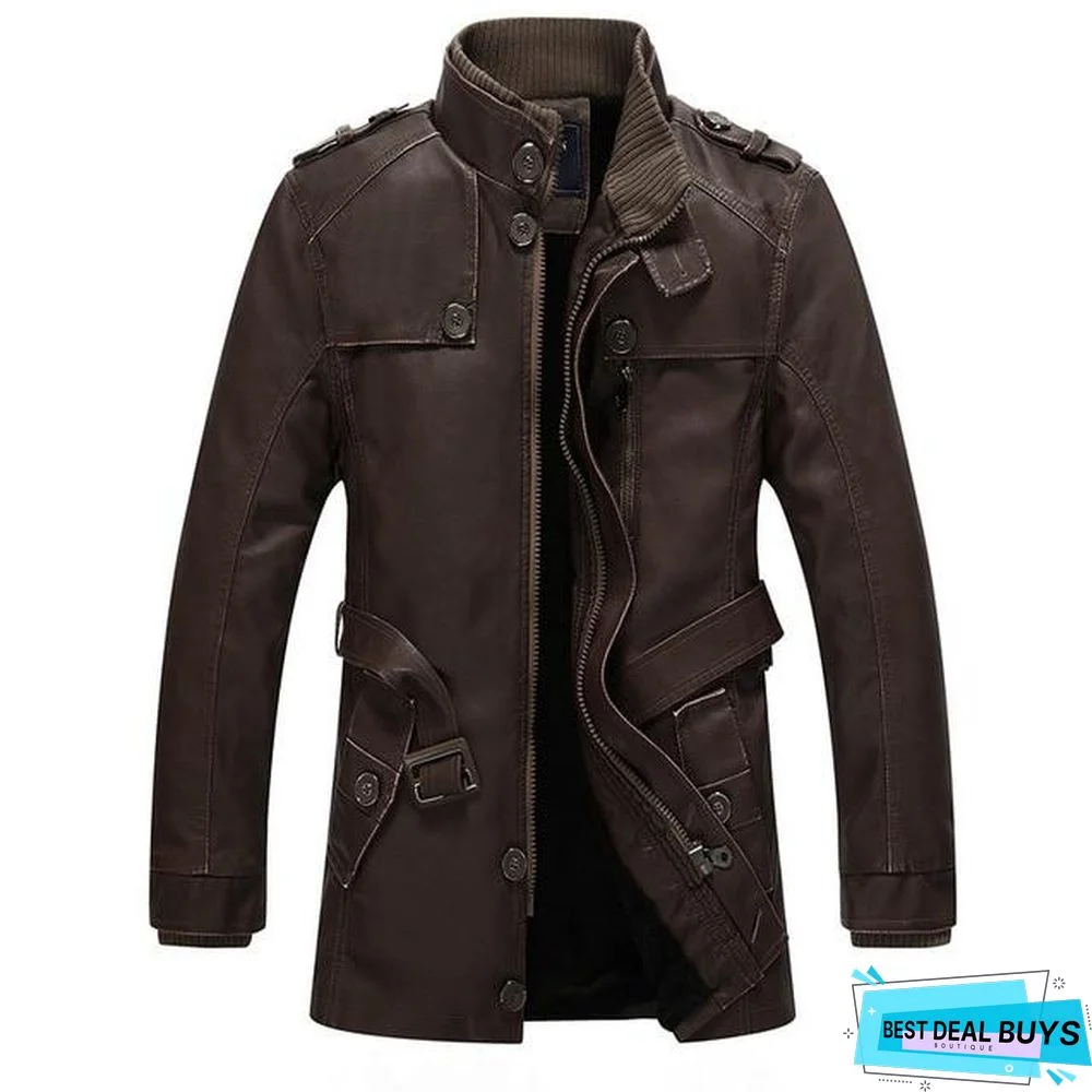 Winter Leather Jacket Mens Casual Warm Mens Long Leather Trench Coat Washed Pu Leather Motorcycle Jacket Plus Size