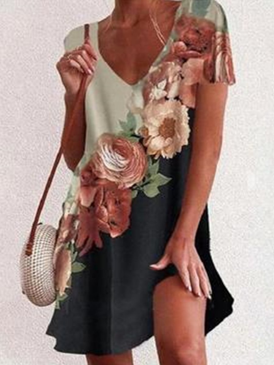 Casual Floral Print V-Neck Short Sleeve Dress