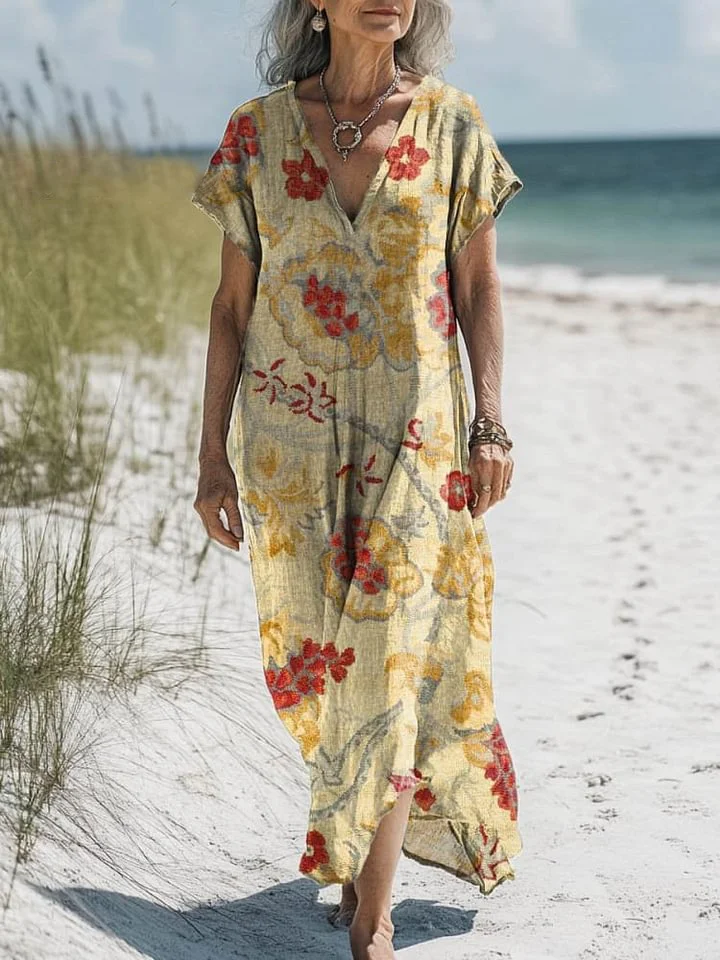 Women's Vintage Lovely Floral Art Print Pocket Cotton Dress