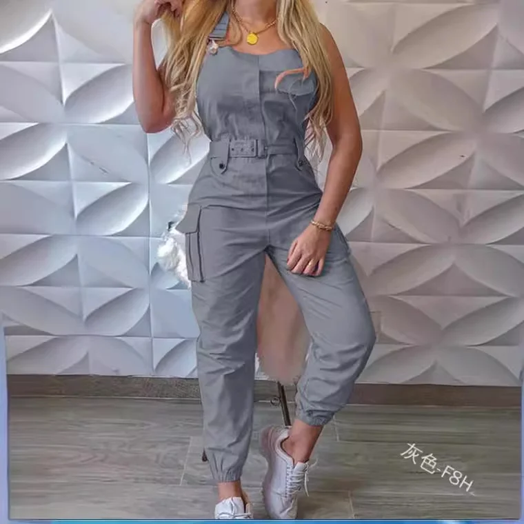 Uveng Uveng Women's Work-Packed Pocket Design Jumpsuit Sleeveless Backs And Trousers Simple Restraints Trousers + Belts