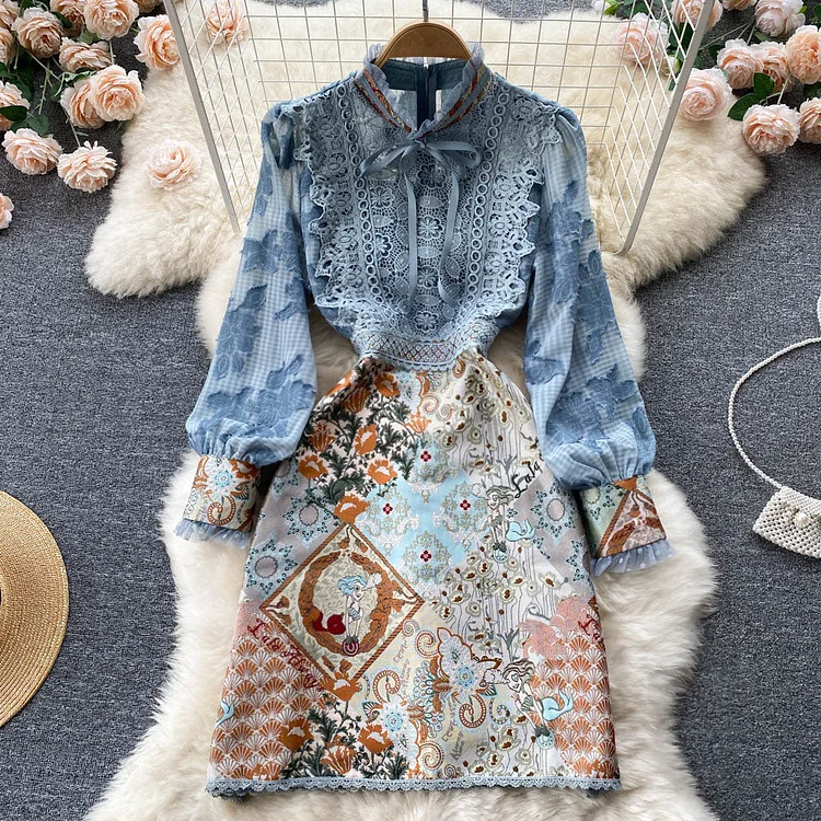 Midi Dress Luditu Vintage - Embroidery French Style Dress - Lace Elegant Bow Alodia