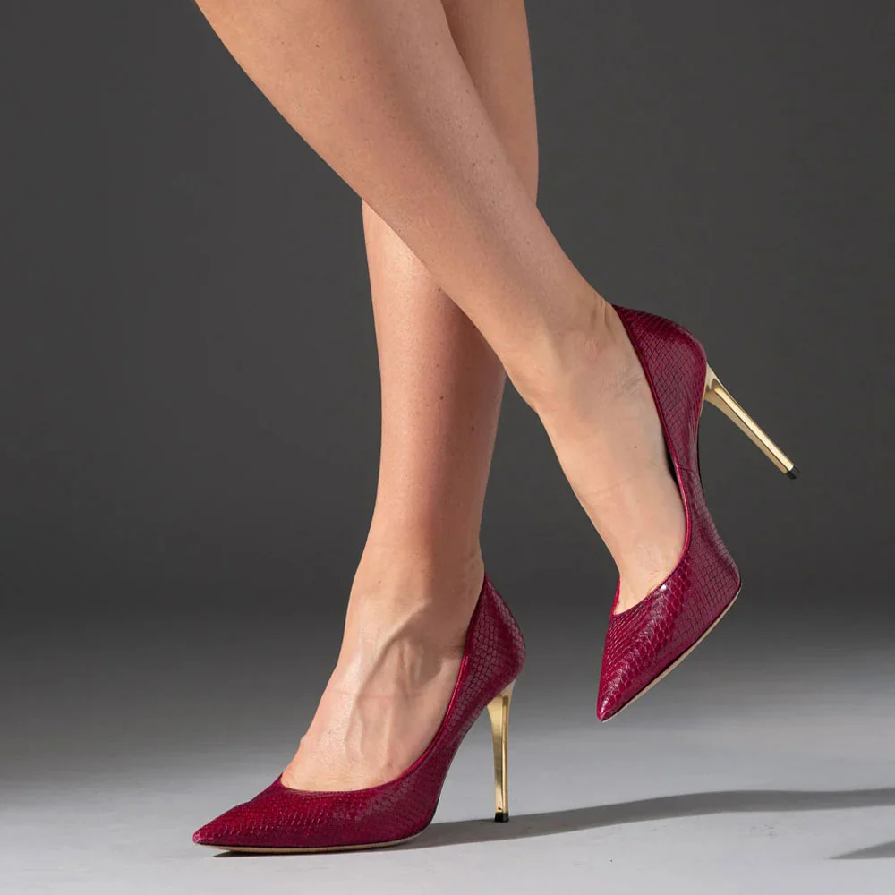 Maroon Embossed Pointed Toe Stiletto&nbsp;High Heels Pumps for Women