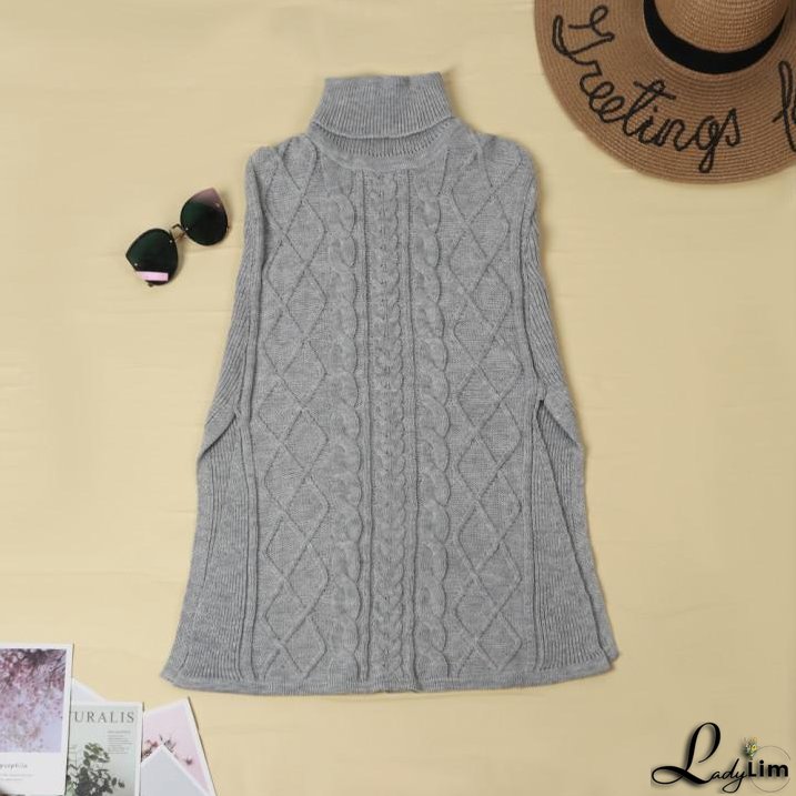 High Neck Loose Cable Knit Pattern Stitching Sweater Tops （7 Colors）