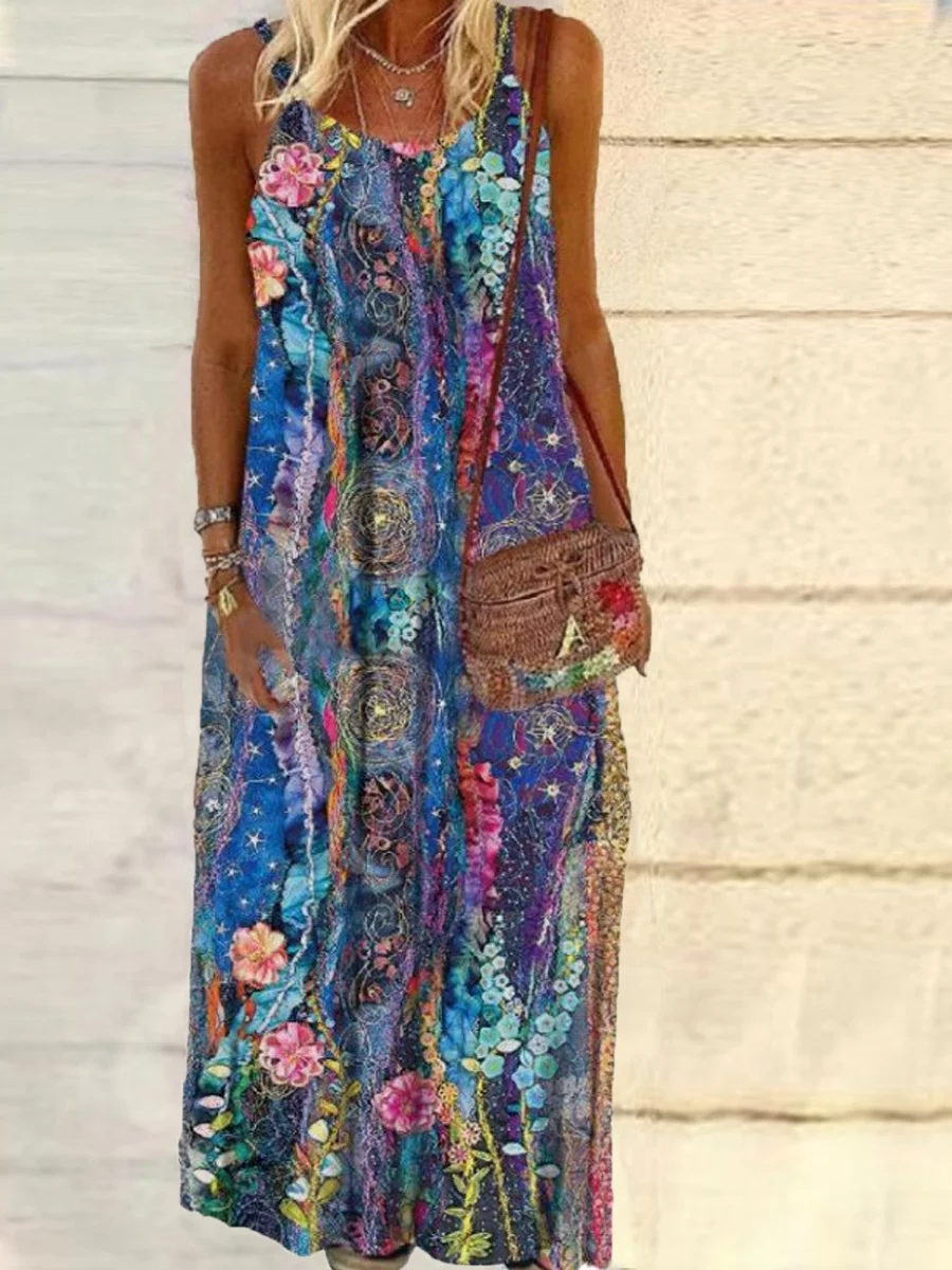 Casual Print Crew Neck Sleeveless Dress Maxi Dress