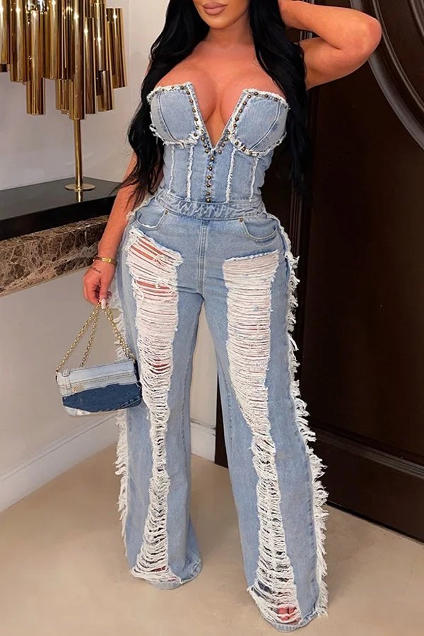 Tassel Ripped Nail Drill Wash Denim Jumpsuit