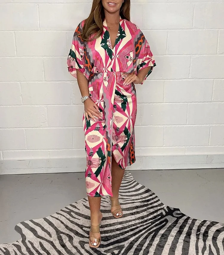 👗Geometry Multi Print V-neck Kimono Dress
