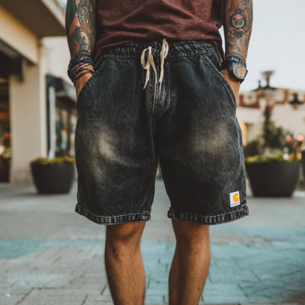 Fashionable Black Denim Shorts With Drawstring Waist