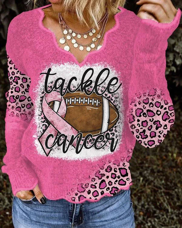 Breast Cancer Awareness Tackle Cancer Football Leopard Print Knit Tops