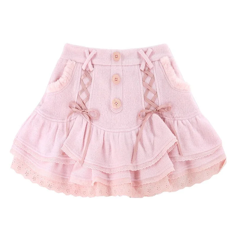 HOUZHOU Kawaii Lolita Mini Skirts Women Autumn Winter Fairycore Japanese Sweet High Waist Bandage Lace Pink Ruffle Layer Skirt