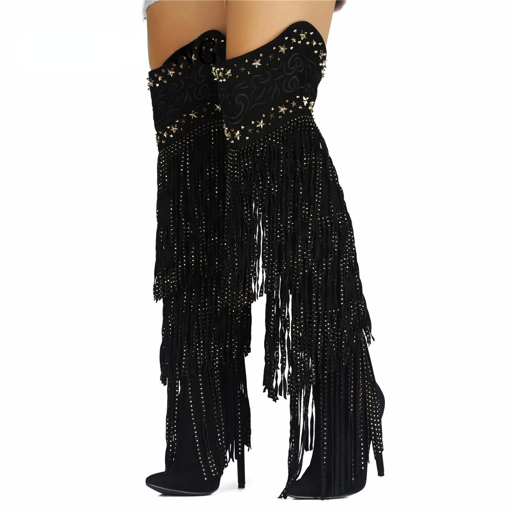 VCSHOES Women Fringed Over Knee High Boots Pointed Toe Stiletto Heel Western Cowgirl Boots Nightclub Runway Banquet Botas De Mujer