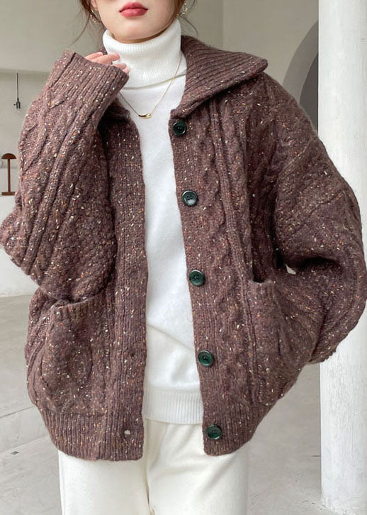 VCSHOES Chocolate Peter Pan Collar Button Knit Winter Coat