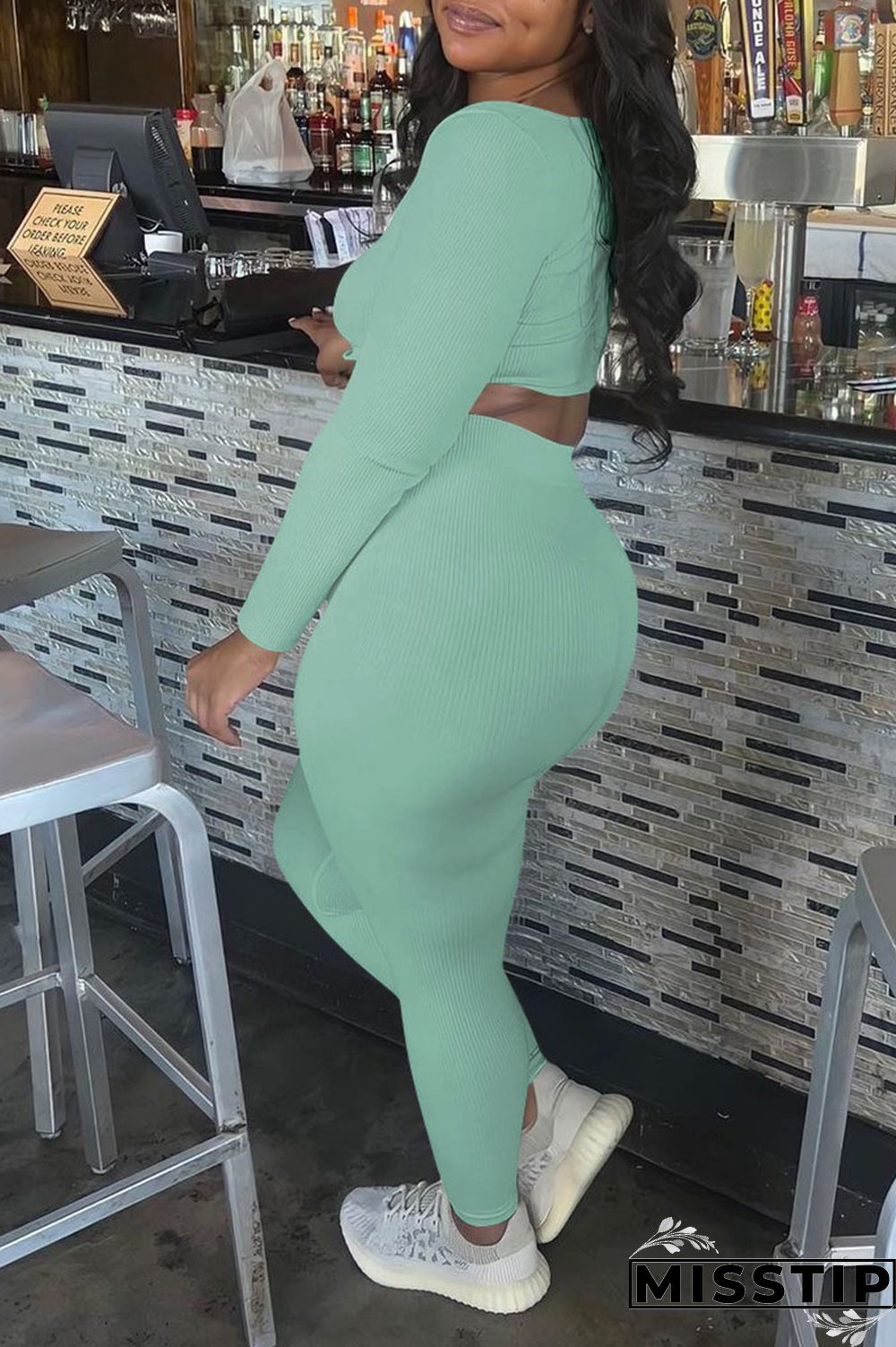 Light Green Casual Sportswear Solid Patchwork U Neck Long Sleeve Two Pieces