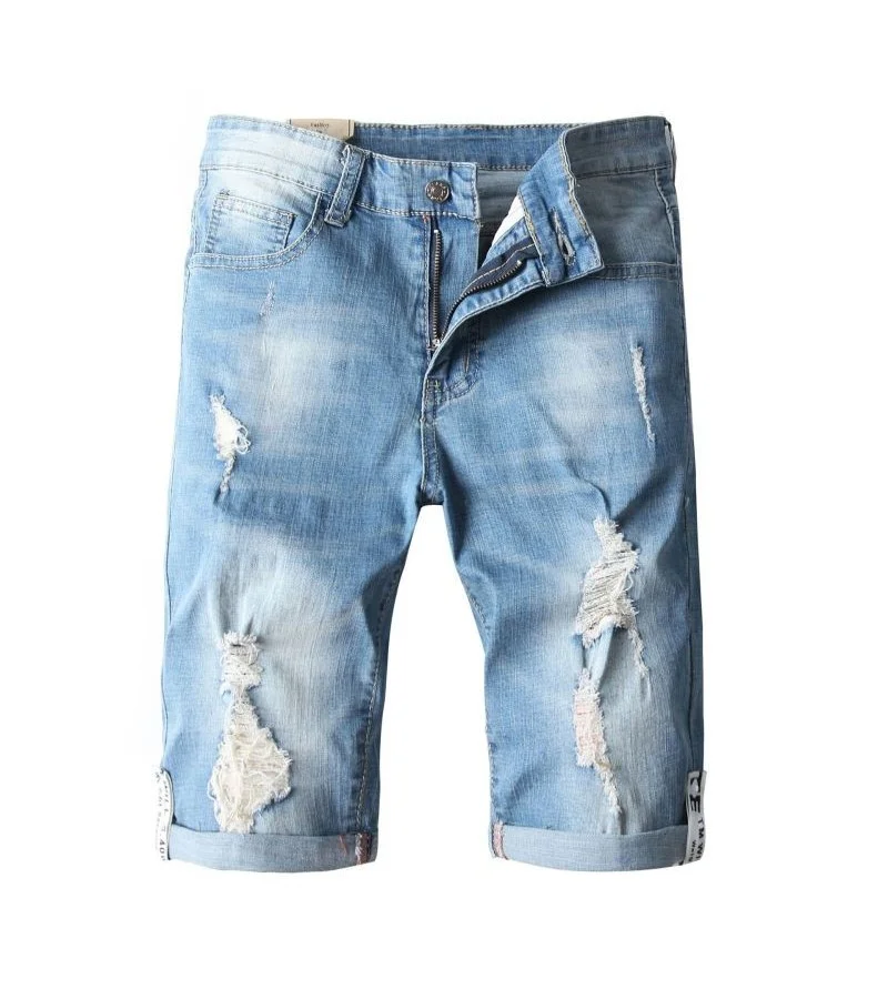 Men Cotton Ripped Zipper Design Slim Fit Denim Shorts