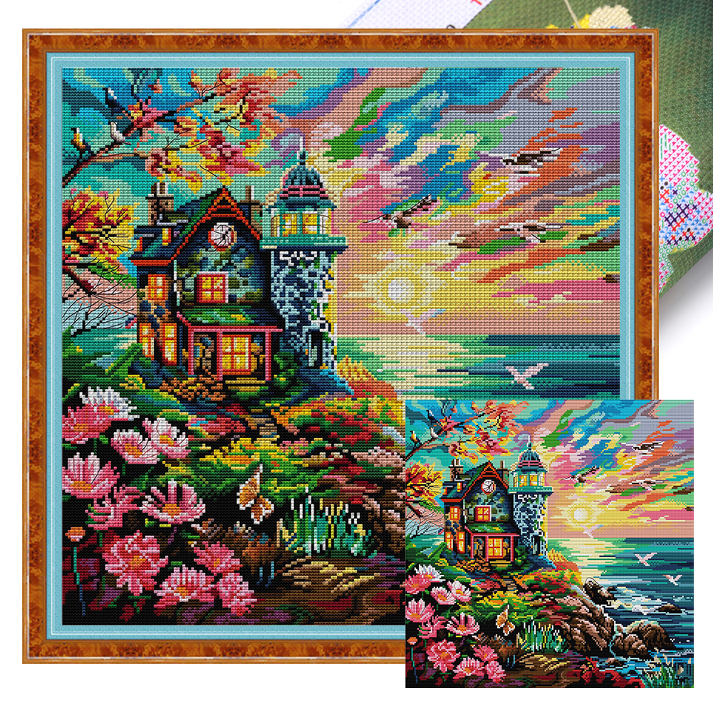 Lighthouse By The Sea Full 14CT Pre-stamped Canvas(43*43cm) Cross Stitch