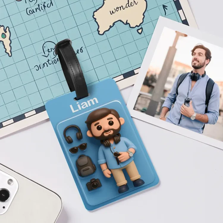 Fully Body Custom 3D Effect Cartoon Character Traveling Luggage Tag with Name and Photo 2D Printing Travel Accessory Birthday Gift for Travel Lover