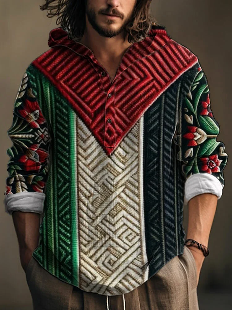 Palestinian Tatreez Pattern Linen Hooded Shirt