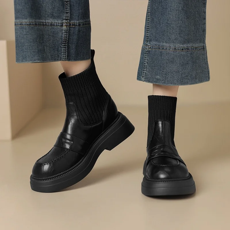 Breakj Breakj Plus Size Boots Vintage Knit Wool Thin Boots Thick Heel Short Boots Women Autumn And Winter New Platform Elastic Socks Boots